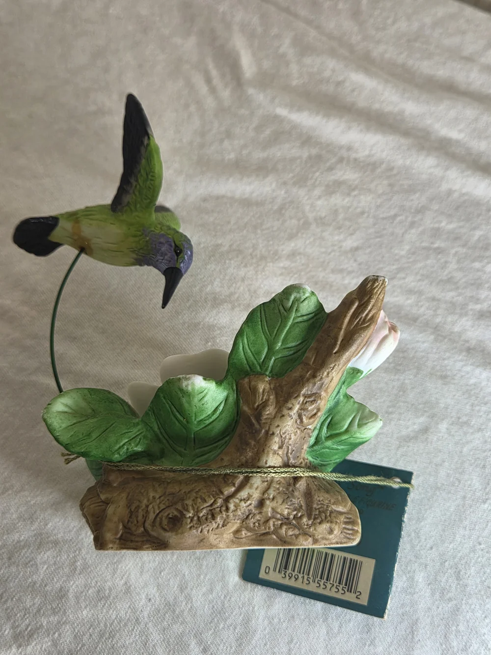 Porcelain Floral Bird Figurine - Green Hummingbird Decorative Accent